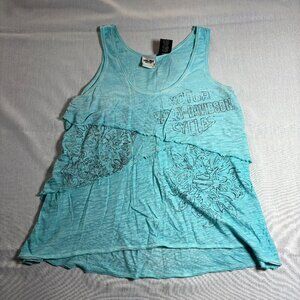 Harley Davidson Tank Top Women's Medium Teal Sleeveless Ruffles Skulls Blue Bike